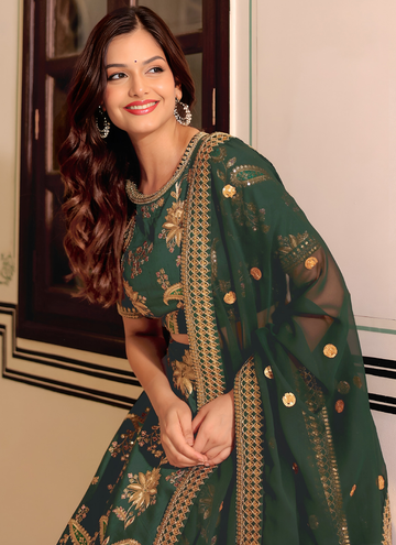 Zari Embroidered Art Silk Bottle Green Mehndi Wear Lehenga Choli Set